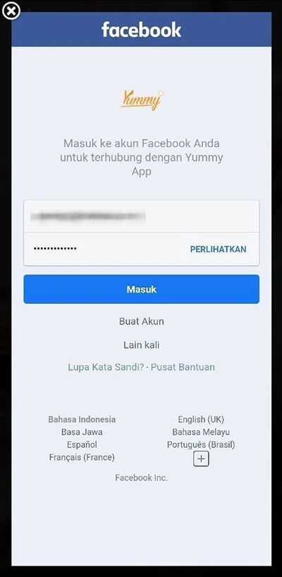 daftar yummy app pakai akun facebook