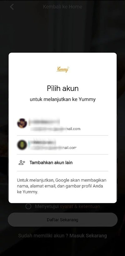 daftar yummy app pakai akun google